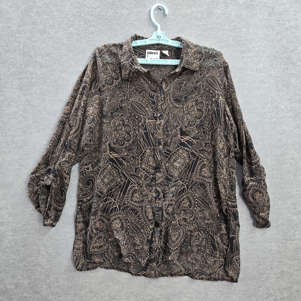 Chico's Design Women Button Up Shirt 2 Brown Paisley Button‎ Up 100% Silk Sheer